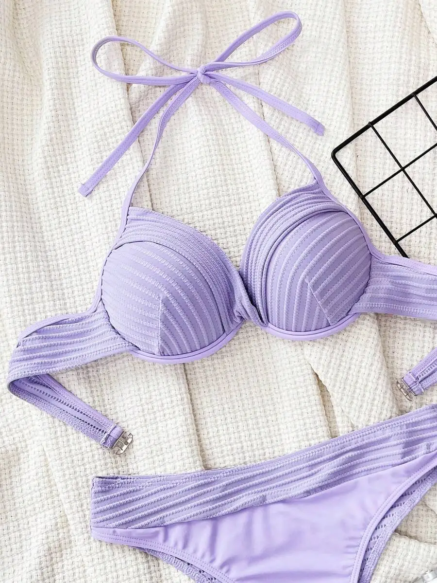 Purple Solid Halter Push Up Underwire Bikini Set For Beach Vacation
Purple Solid Halter Push Up Underwire Bikini Set For Beach Vacation