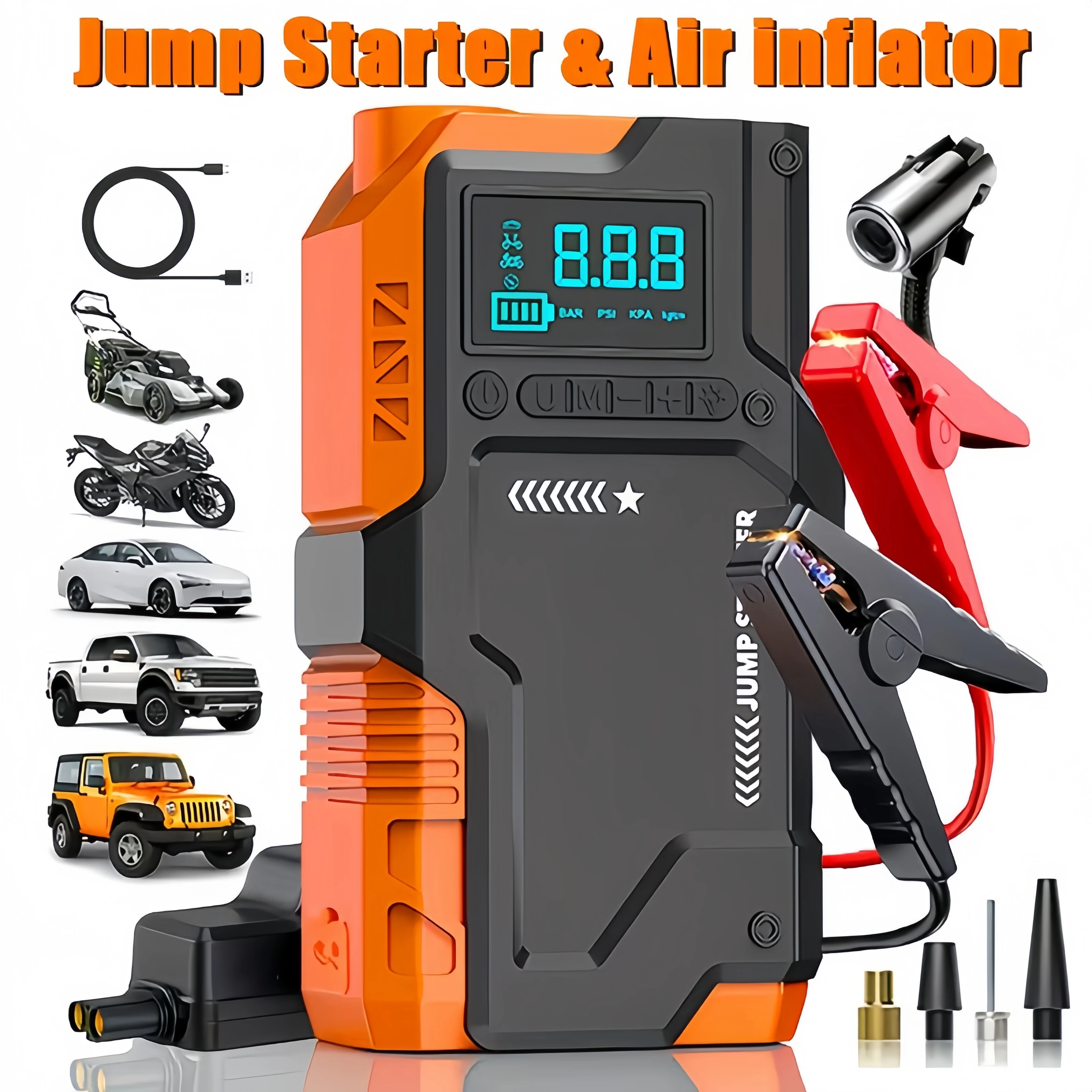 Multifunctional automatic tire inflator for cars (including tire pressure monitor, battery starter, and flashlight)
Multifunctional automatic tire inflator for cars (including tire pressure monitor, battery starter, and flashlight)