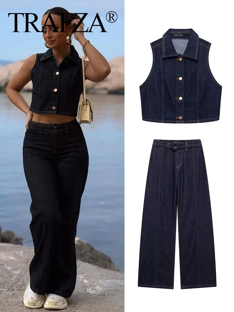 TRAFZA Pants 2 Piece Set Women Turn-down Collar Sleeveless Single-Breasted Vest Top+High Waist Pocket Zipper Belt Flared Jeans
TRAFZA Pants 2 Piece Set Women Turn-down Collar Sleeveless Single-Breasted Vest Top+High Waist Pocket Zipper Belt Flared Jeans