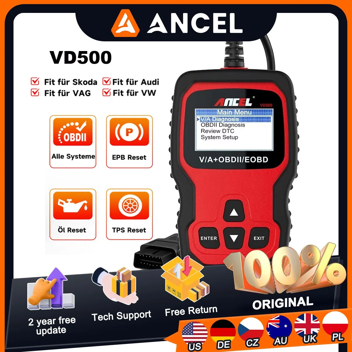Ancel VD500 Automotive OBD2 Scanner For VW/Audi Full System Code Reader ABS EPB Oil Reset Car Diagnostic Tools For VAG Skoda
Ancel VD500 Automotive OBD2 Scanner For VW/Audi Full System Code Reader ABS EPB Oil Reset Car Diagnostic Tools For VAG Skoda