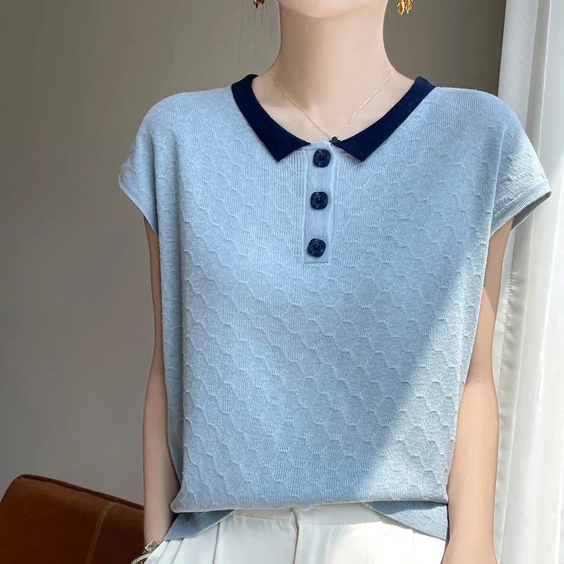 Women's T-shirt Summer New Lyocell Knitted Sweater Short Sleeve Casual Splicing POLO Collar Pullover Loose Soft Fashion Top
Women's T-shirt Summer New Lyocell Knitted Sweater Short Sleeve Casual Splicing POLO Collar Pullover Loose Soft Fashion Top