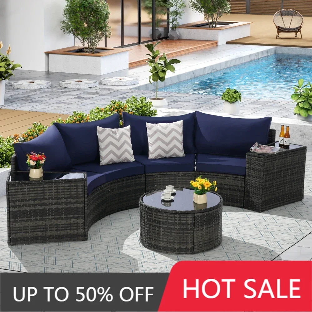 Outdoor Patio Furniture 7-Piece Half-Moon Curved Sectional Sofa Set, Round Coffee Table,2 Storage Armrests for Poolside Backyard
Outdoor Patio Furniture 7-Piece Half-Moon Curved Sectional Sofa Set, Round Coffee Table,2 Storage Armrests for Poolside Backyard