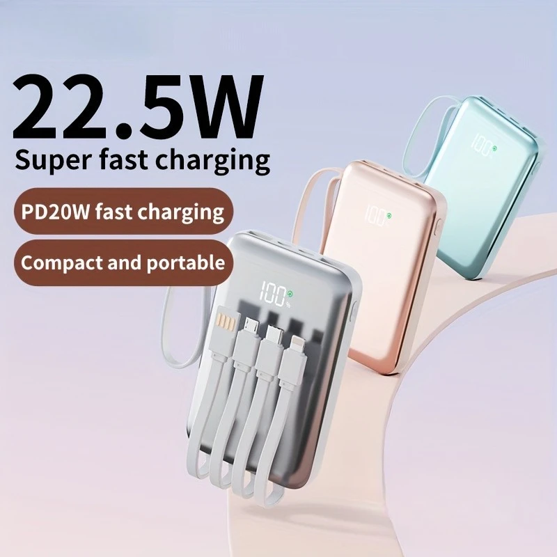 Мини-Power Bank 10000 мАч/20000 мАч, встроенный 4 кабеля, внешний аккумулятор большой емкости с сверхбыстрой зарядкой для IPhone Huawei
Мини-Power Bank 10000 мАч/20000 мАч, встроенный 4 кабеля, внешний аккумулятор большой емкости с сверхбыстрой зарядкой для IPhone Huawei