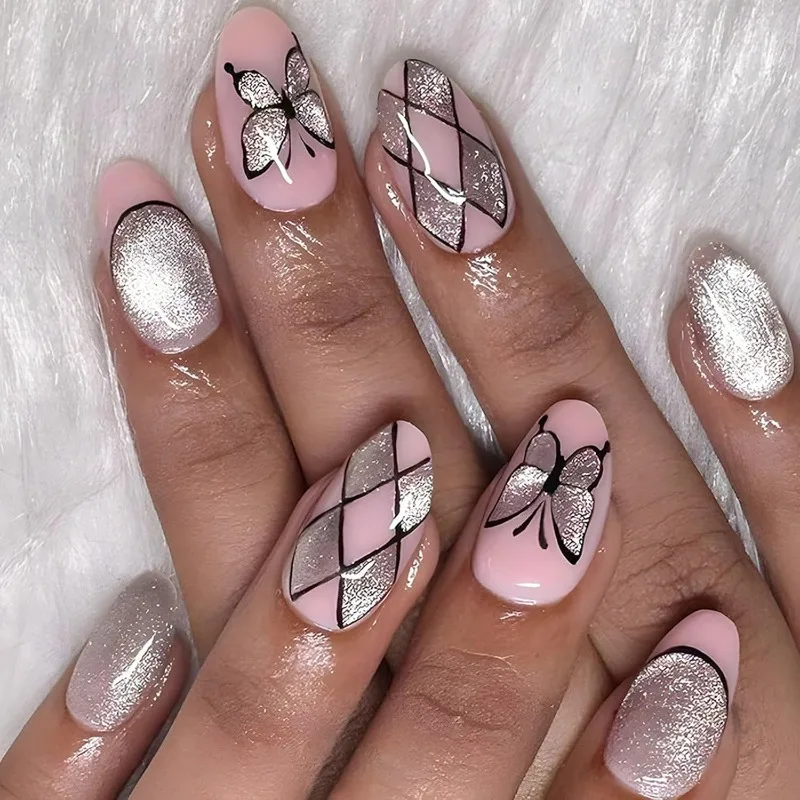 24Pcs Square Butterflies Short Coverage Press On Nails Silver Stripe Fake Nails Reusable False Nail Shinne Star Wear Nails
24Pcs Square Butterflies Short Coverage Press On Nails Silver Stripe Fake Nails Reusable False Nail Shinne Star Wear Nails