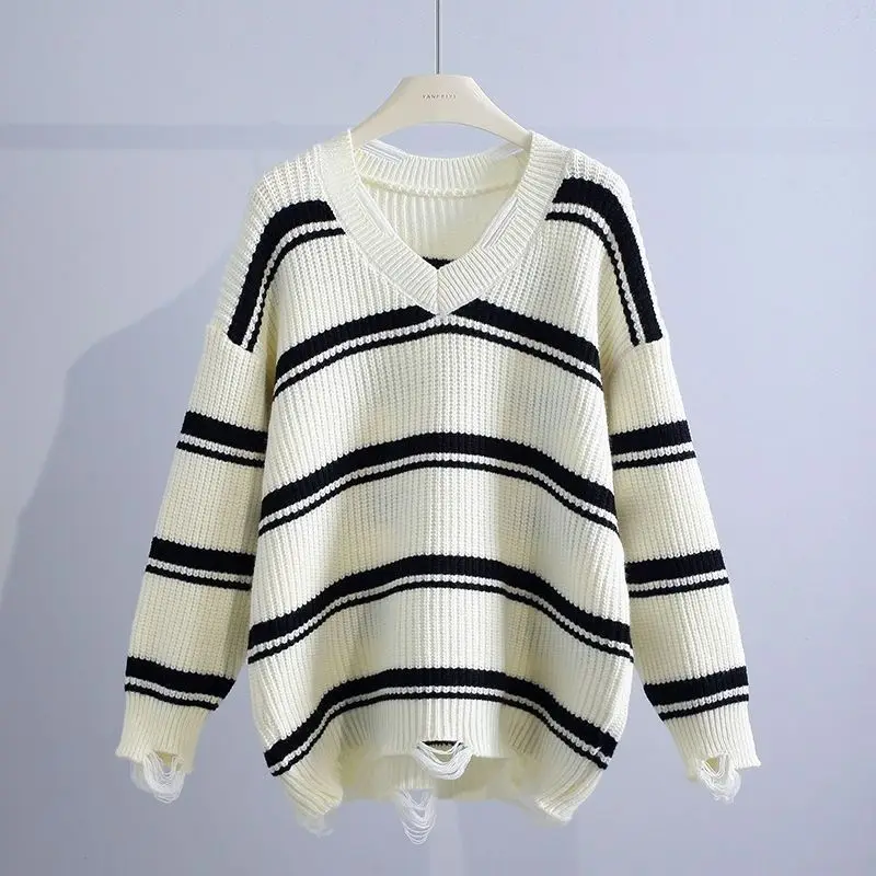 Women Clothing Hole Knitting V Neck Striped Loose Trend Pullovers Autumn Winter Long Sleeve Youth Casual Sweaters Fashion Korean
Women Clothing Hole Knitting V Neck Striped Loose Trend Pullovers Autumn Winter Long Sleeve Youth Casual Sweaters Fashion Korean