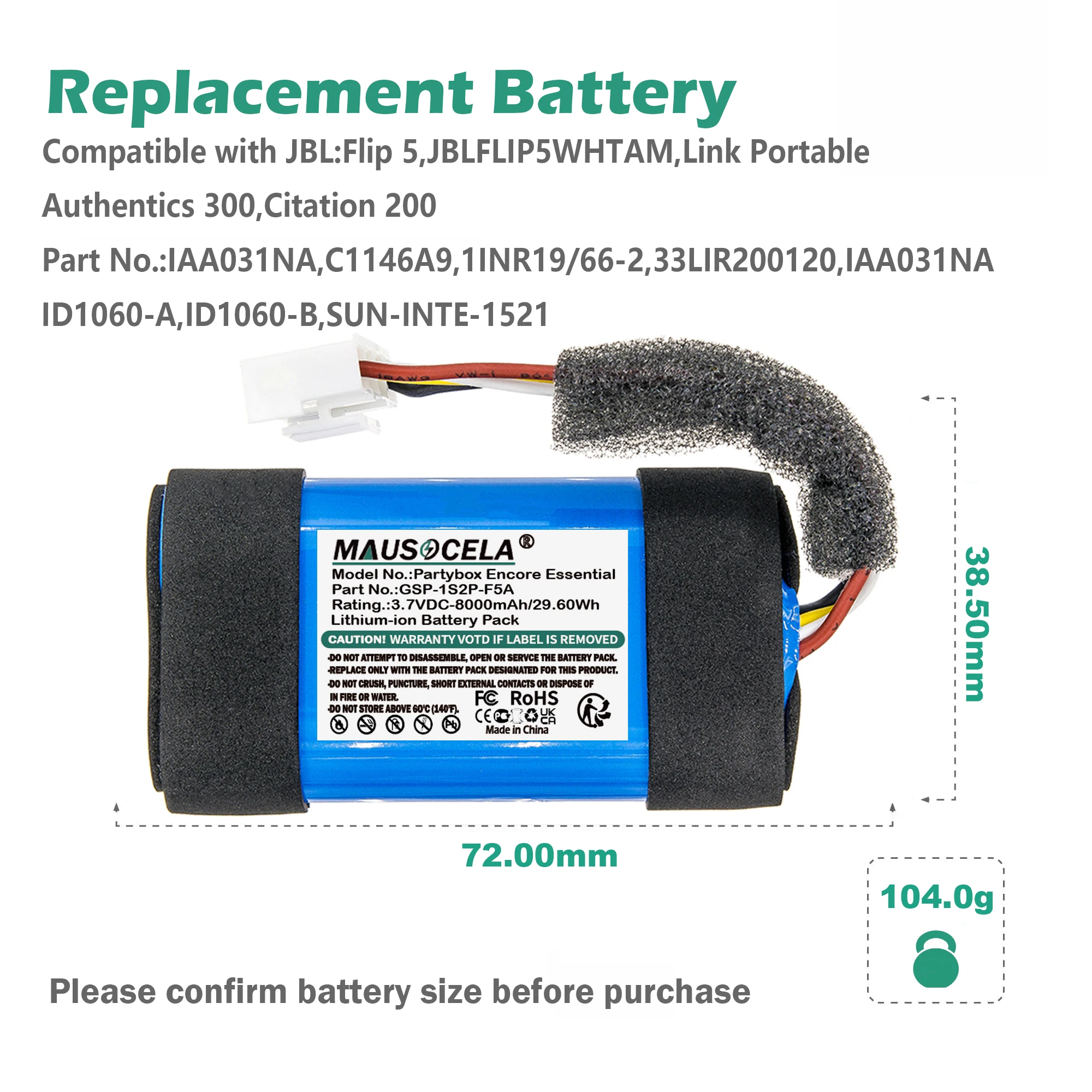 8000mAh Speaker Battery For JBL:Flip 5,JBLFLIP5WHTAM,Link Portable,Authentics 300,Citation 200,IAA031NA,C1146A9,1INR19/66-2
8000mAh Speaker Battery For JBL:Flip 5,JBLFLIP5WHTAM,Link Portable,Authentics 300,Citation 200,IAA031NA,C1146A9,1INR19/66-2