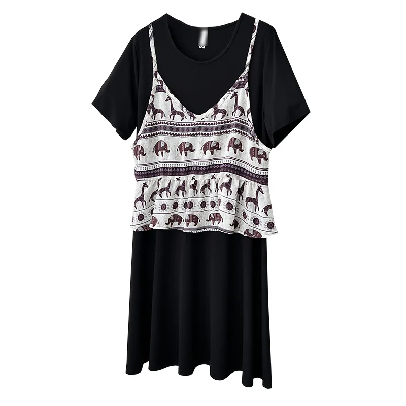2026 Summer Plus Size Floral Fake Two-Piece Black Midi Dress Short Sleeve Elegant Loose Casual Dress Curvy Ladies 804
2026 Summer Plus Size Floral Fake Two-Piece Black Midi Dress Short Sleeve Elegant Loose Casual Dress Curvy Ladies 804