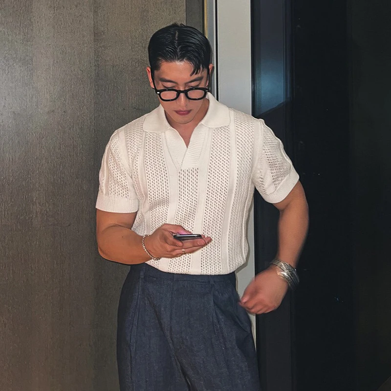 Men's Clothing Luxury Korean Popular Hollow Out Polo Shirt Leisure V Neck Short Sleeve Solid Color Retro Streetwear Knitwear
Men's Clothing Luxury Korean Popular Hollow Out Polo Shirt Leisure V Neck Short Sleeve Solid Color Retro Streetwear Knitwear
