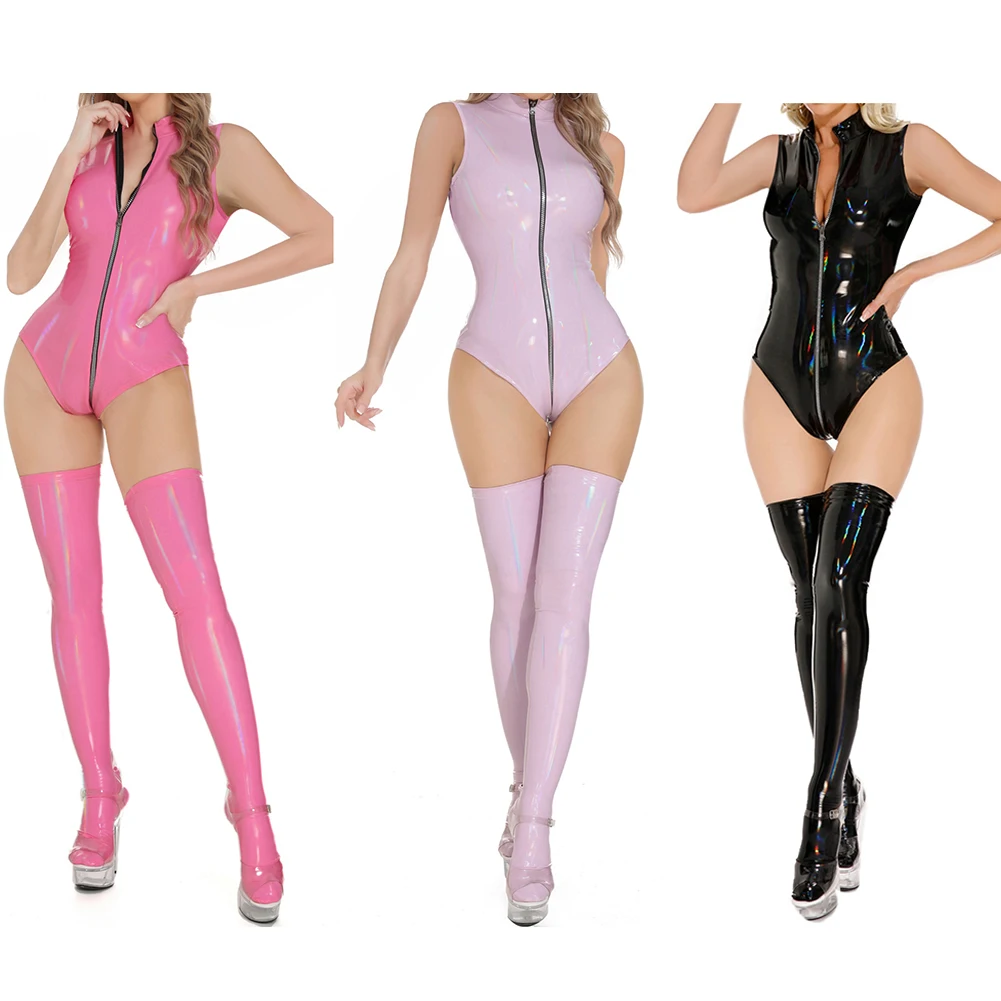 Womens Bright Leather PU Sexy Solid Color Lingerie Patent Leather Open Crotch Comfortable Bodysuit Tights Women Secret Clothes
Womens Bright Leather PU Sexy Solid Color Lingerie Patent Leather Open Crotch Comfortable Bodysuit Tights Women Secret Clothes