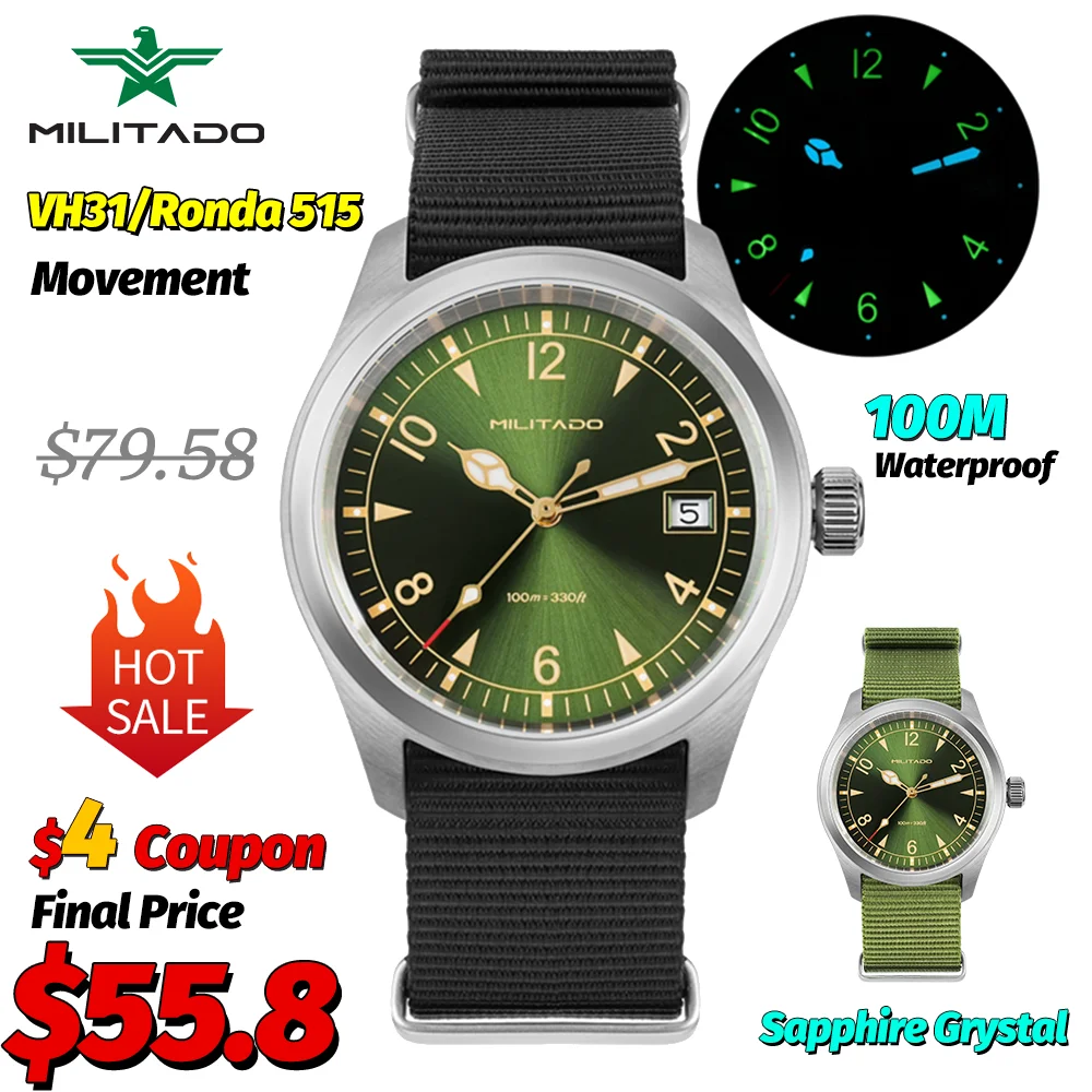Militado ML08 Men Military Watch Ronda 515 Movement Sapphire Luminous Vintage Watches 10Bar Waterproof Stainless Steel Watch
Militado ML08 Men Military Watch Ronda 515 Movement Sapphire Luminous Vintage Watches 10Bar Waterproof Stainless Steel Watch