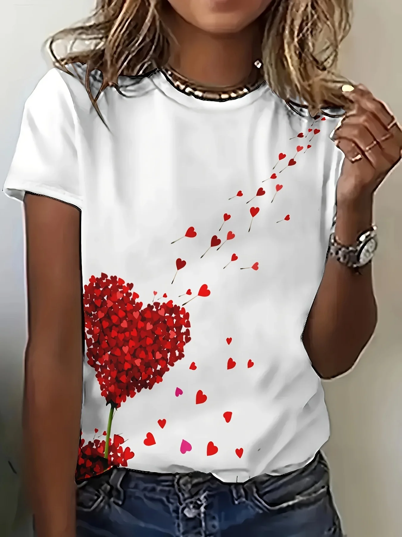 Women's 3D Printed Love Hearts T-Shirt, Fashionable Sweet Style, Breathable Tee For Casual Wear
Women's 3D Printed Love Hearts T-Shirt, Fashionable Sweet Style, Breathable Tee For Casual Wear