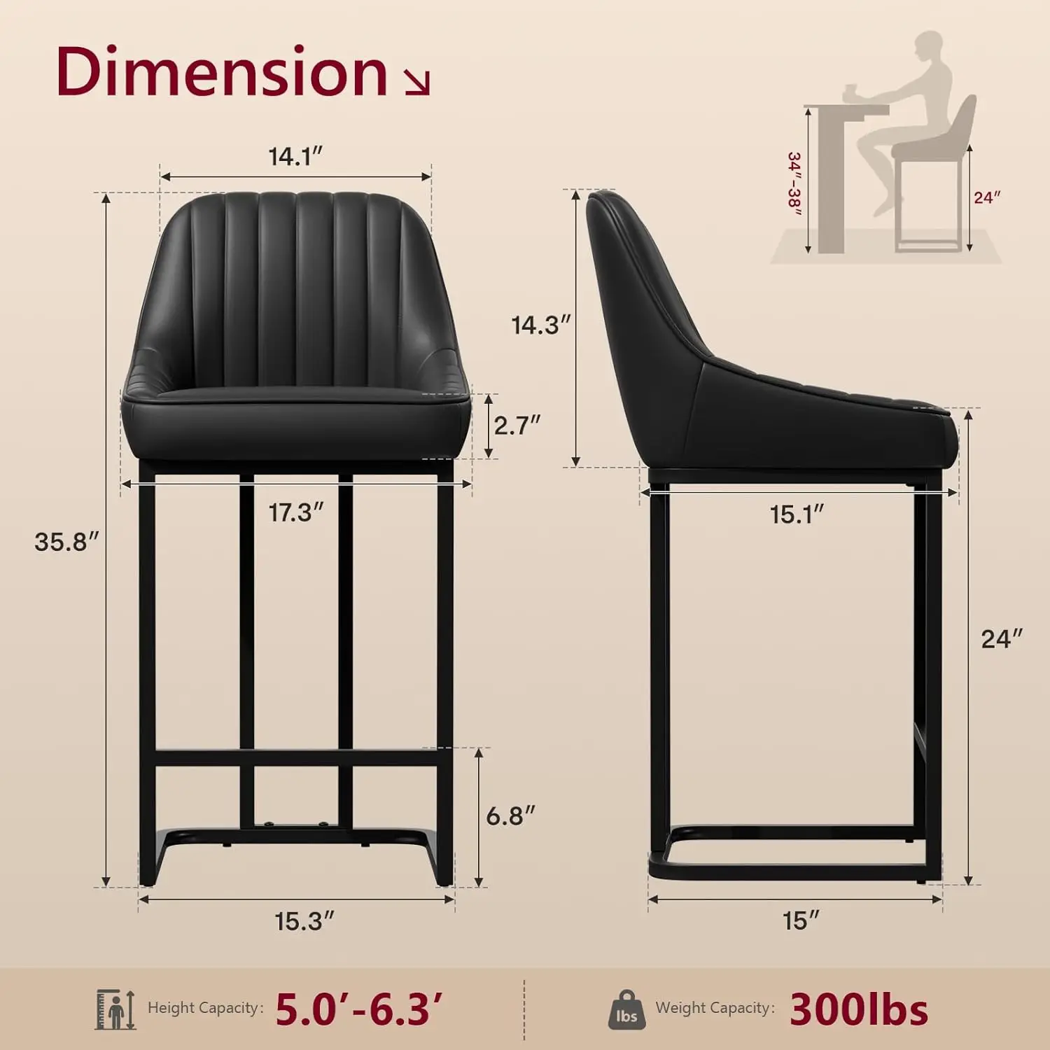 Set of 4 24 Inch Counter Height Bar Stools, Metal Frame Leather Upholstered Bar Chairs with Back, Customized
Set of 4 24 Inch Counter Height Bar Stools, Metal Frame Leather Upholstered Bar Chairs with Back, Customized