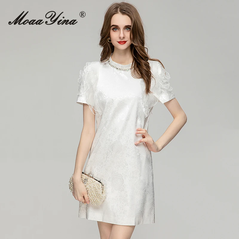 MoaaYina Summer Fashion Designer Elegant Party Loose Dress Women's O-Neck RUFFLES Diamond Appliques White Color Mini Dress
MoaaYina Summer Fashion Designer Elegant Party Loose Dress Women's O-Neck RUFFLES Diamond Appliques White Color Mini Dress