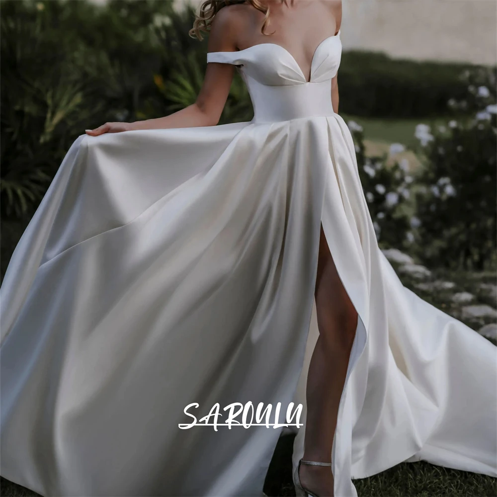 Affordable Simple Satin Wedding Dress with Off the Shoulder Sleeves, A Line Long Bride Dresses Customized Side Bridal Gown
Affordable Simple Satin Wedding Dress with Off the Shoulder Sleeves, A Line Long Bride Dresses Customized Side Bridal Gown
