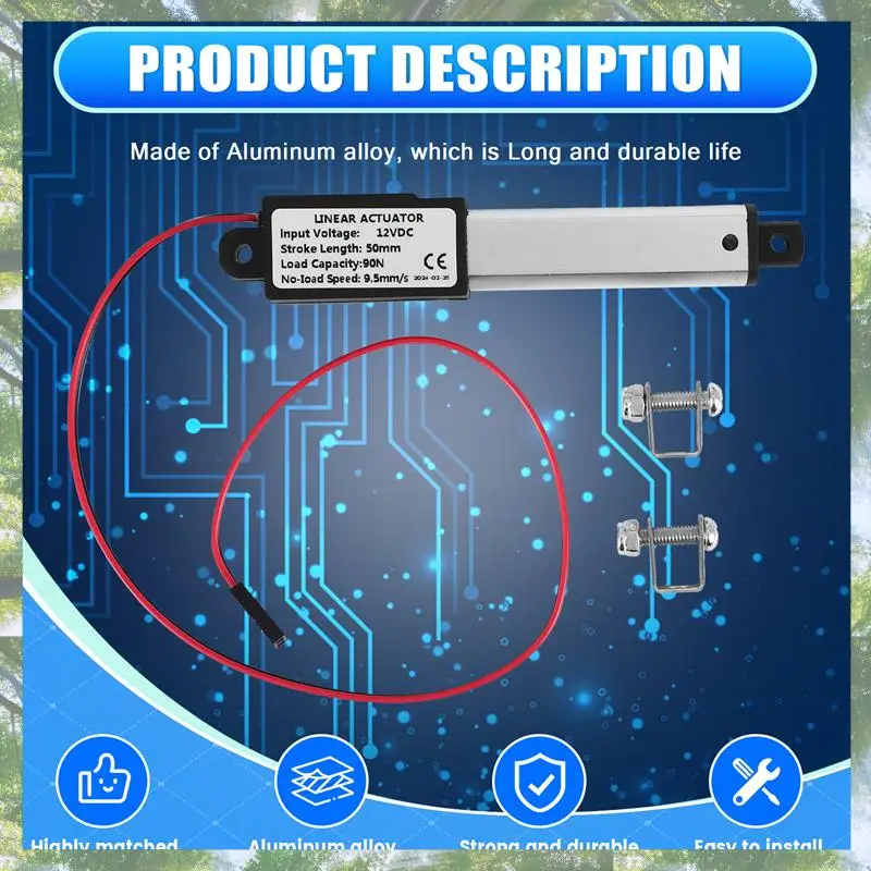 Premium-Micro-Linear Actuator, 2 Inch Stroke, 90N/20.3Lb, Speed 9.5Mm/S Electric Waterproof Actuator Motor Linear Actuator 12V
Premium-Micro-Linear Actuator, 2 Inch Stroke, 90N/20.3Lb, Speed 9.5Mm/S Electric Waterproof Actuator Motor Linear Actuator 12V