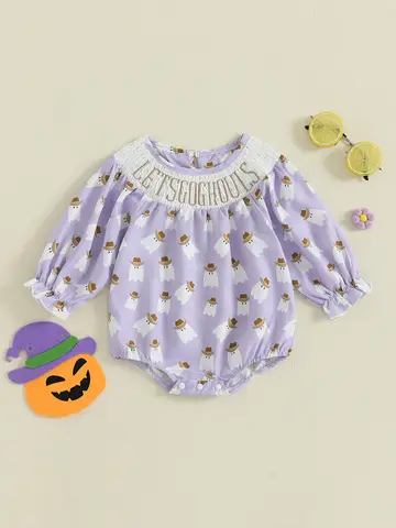 Barboteuse à bulles pour bébés filles, imprimé fantôme d'halloween, manches longues, combinaison smockée avec lettres brodées