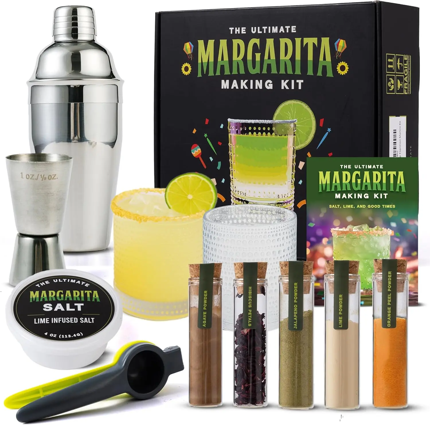 Margarita Kit Gift Set with 5 Botanicals, 2 Glasses, Stainless Steel Shaker & Jigger, Citrus Squeezer, Lime Salt, Recipe Book
Margarita Kit Gift Set with 5 Botanicals, 2 Glasses, Stainless Steel Shaker & Jigger, Citrus Squeezer, Lime Salt, Recipe Book