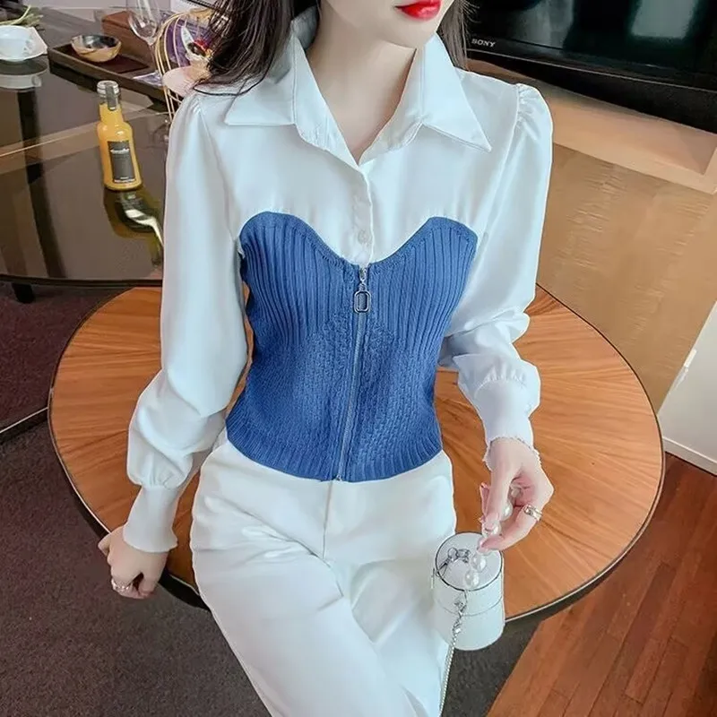 Chiffon Knitted Patchwork Shirt 2025 New Spring Autumn Women Longsleeve Short Shirt Office Lady Elegant Cinched Waist Blouse Top
Chiffon Knitted Patchwork Shirt 2025 New Spring Autumn Women Longsleeve Short Shirt Office Lady Elegant Cinched Waist Blouse Top