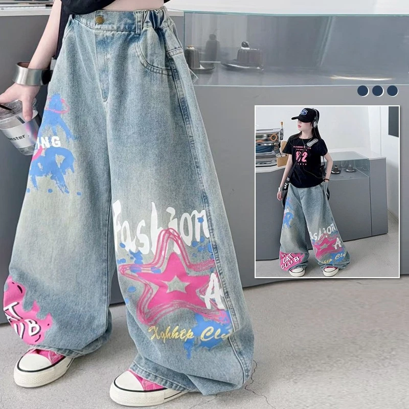 Teen Girls Loose Straight Denim Trousers Spring Summer Fashion Graffiti Pattern Wide Leg Jeans Casual Kids Pants
Teen Girls Loose Straight Denim Trousers Spring Summer Fashion Graffiti Pattern Wide Leg Jeans Casual Kids Pants
