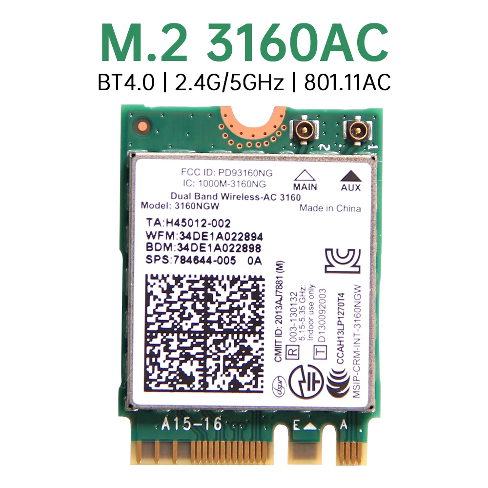 Wireless-AC 3160 3160NGW Bluetooth 4.0 NGFF Wi-Fi-карта двухдиапазонный сетевой адаптер 2,4G/5 ГГц 802.11ac M.2
Wireless-AC 3160 3160NGW Bluetooth 4.0 NGFF Wi-Fi-карта двухдиапазонный сетевой адаптер 2,4G/5 ГГц 802.11ac M.2