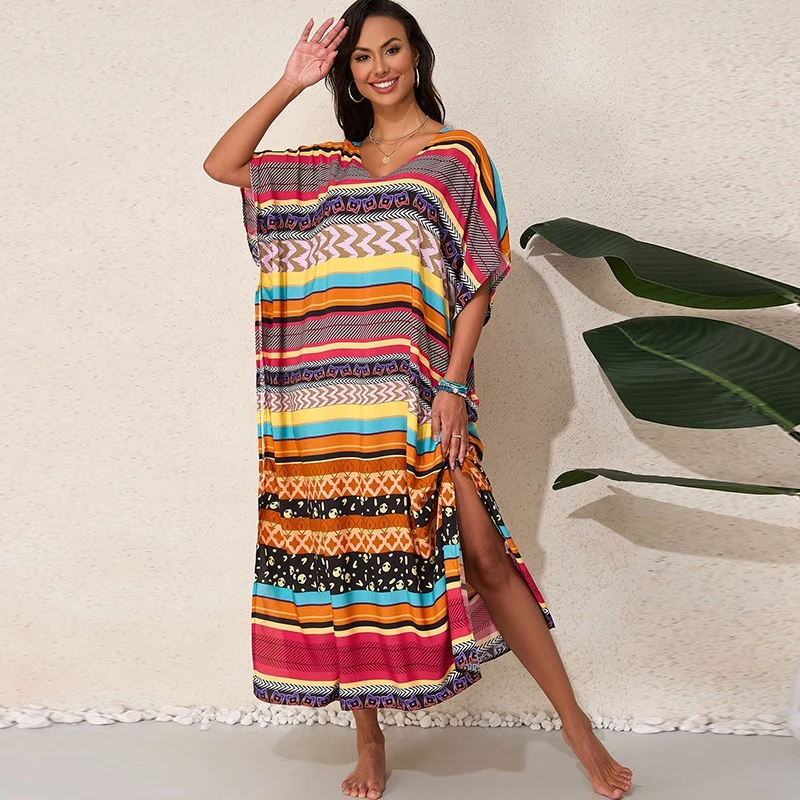 Exotic Chic Maxi Dress Women Bohemian Vivid Colorful Striped Print Rayon Breezy Kaftan Beach Resortwear Cover-Ups Tribe Caftan
Exotic Chic Maxi Dress Women Bohemian Vivid Colorful Striped Print Rayon Breezy Kaftan Beach Resortwear Cover-Ups Tribe Caftan