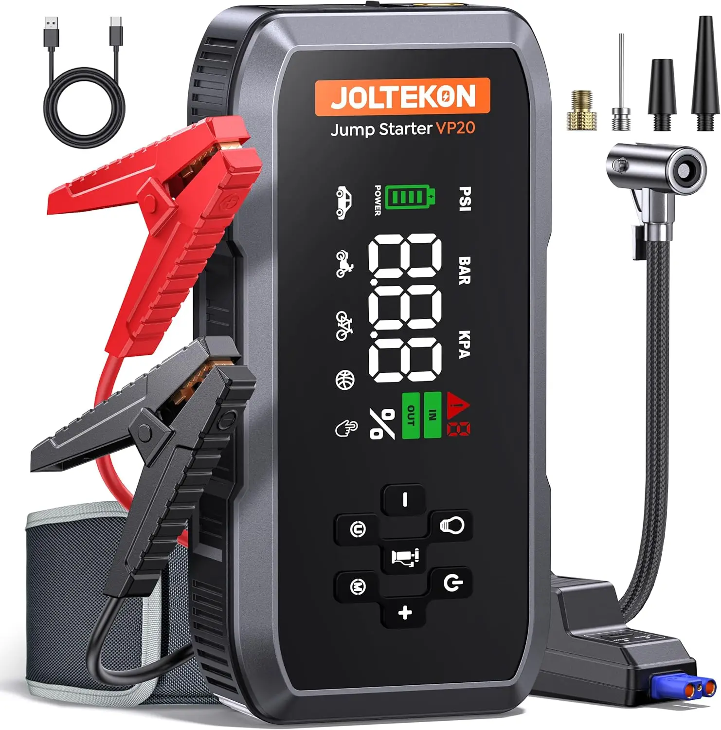 4500A Car Battery Jump Starter with Air Compressor, 150PSI Auto-Pause Pump, 12V Portable for Gas/Diesel Vehicles
4500A Car Battery Jump Starter with Air Compressor, 150PSI Auto-Pause Pump, 12V Portable for Gas/Diesel Vehicles
