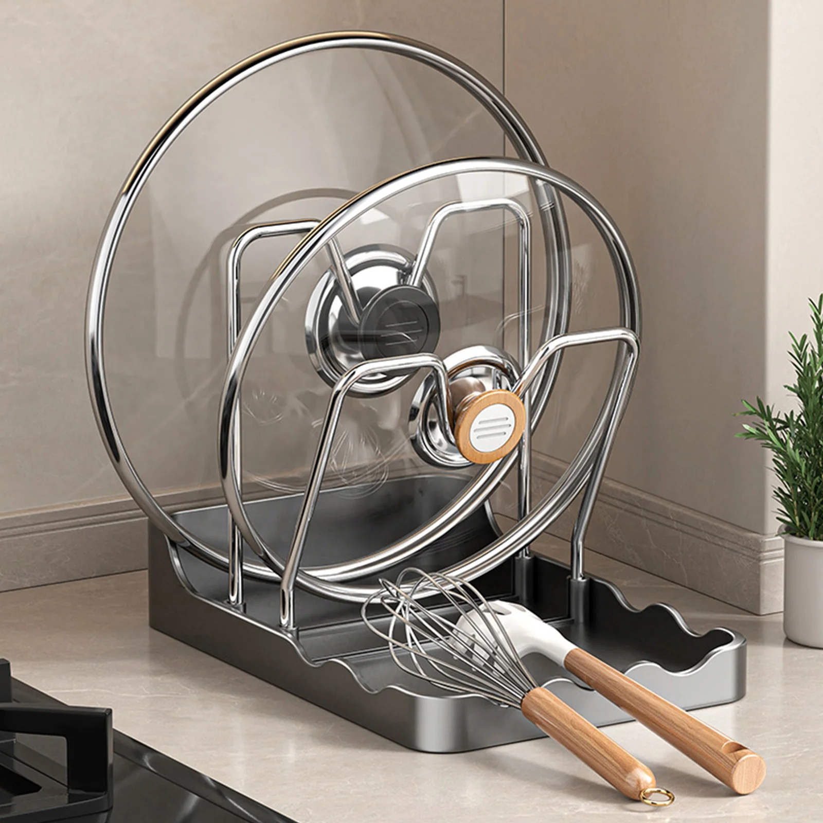 Multifunctional Stainless Steel Pot Lid Holder While Cooking Utensils Pan Pot Cover Lid Rack Shelf with Spoon Rest for Counter
Multifunctional Stainless Steel Pot Lid Holder While Cooking Utensils Pan Pot Cover Lid Rack Shelf with Spoon Rest for Counter