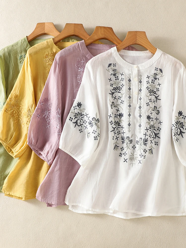 Summer 2026 Loose Cotton Linen Short Sleeve Embroidered Slimming Women's Shirt Artistic Style round Neck Casual Wear
Summer 2026 Loose Cotton Linen Short Sleeve Embroidered Slimming Women's Shirt Artistic Style round Neck Casual Wear