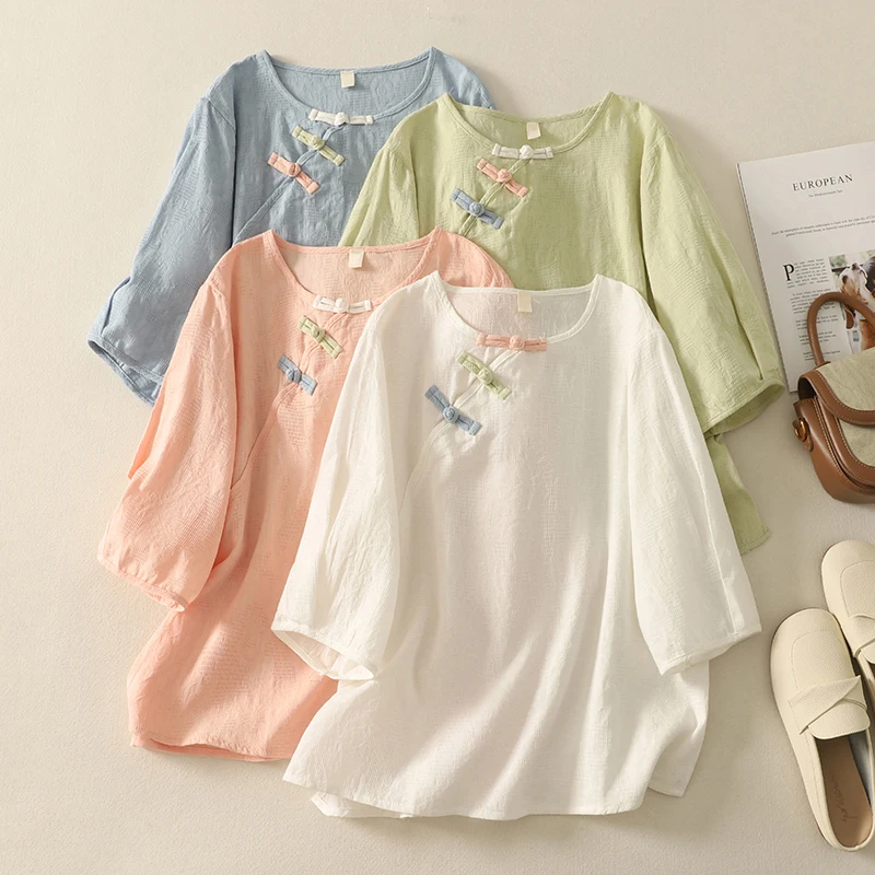 Women's Chinese Style Button-Trim Jacquard Cotton Blouse Top Short Sleeve O-neck Summer T-Shirt Vintage Traditional Clothing
Women's Chinese Style Button-Trim Jacquard Cotton Blouse Top Short Sleeve O-neck Summer T-Shirt Vintage Traditional Clothing