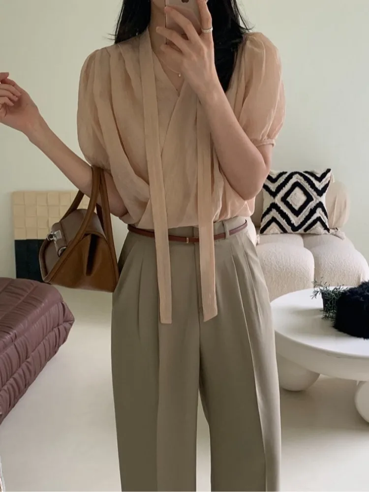 Women's Summer Shirt with Sash Bubble Sleeve Cross Design Soft Fabric Regular Fit Short Sleeve Casual Wear for Various Occasions
Women's Summer Shirt with Sash Bubble Sleeve Cross Design Soft Fabric Regular Fit Short Sleeve Casual Wear for Various Occasions