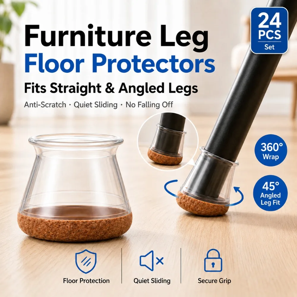 24 PCS Clear Silicone Chair Leg Floor Protectors with Felt Bottom, Anti-Scratch Noise Reducing Furniture Caps, 3 Sizes
24 PCS Clear Silicone Chair Leg Floor Protectors with Felt Bottom, Anti-Scratch Noise Reducing Furniture Caps, 3 Sizes