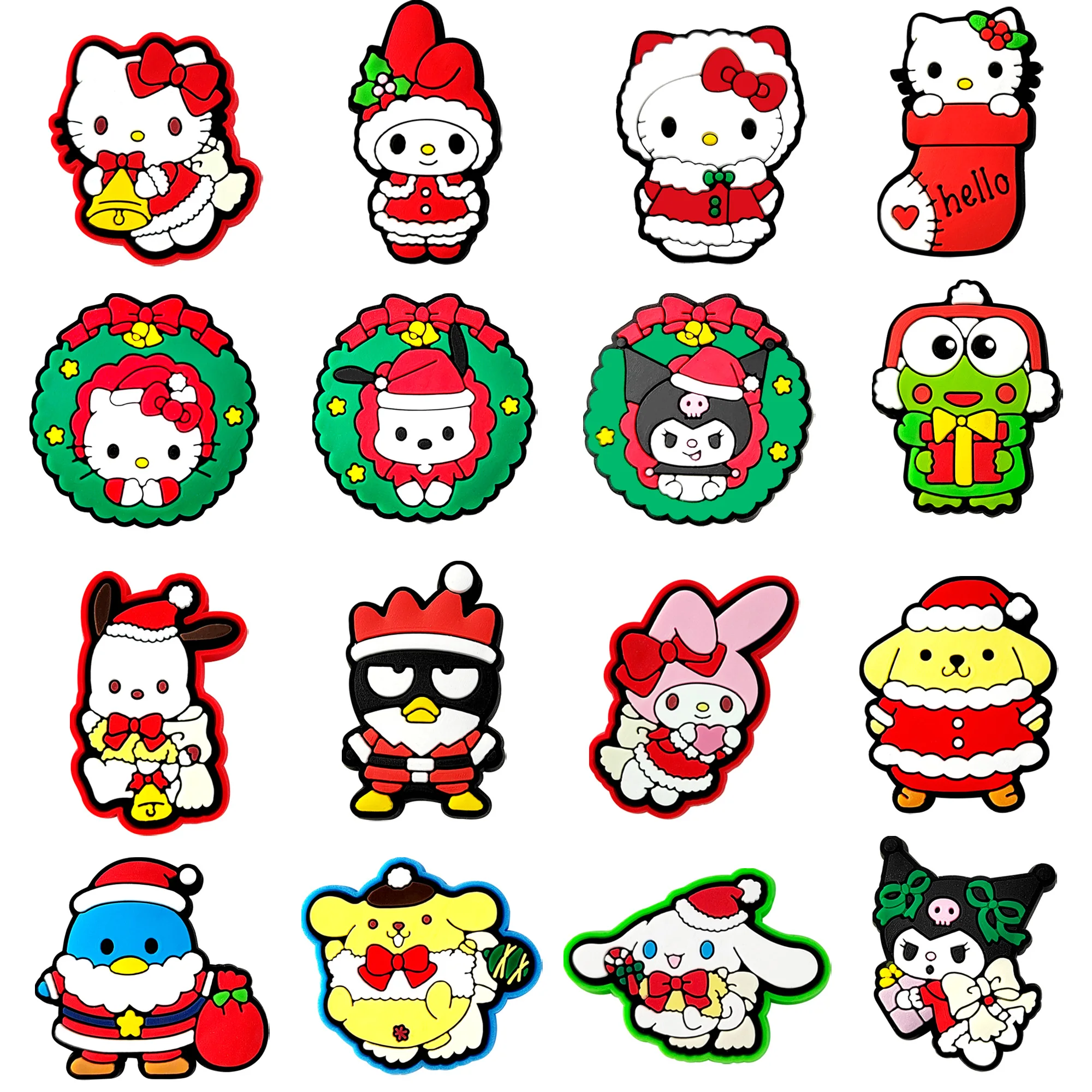 16pcs Christmas Sanrio Shoes Charms Kuromi Hello Kitty Anime Sandals Decoration PVC Shoes Accessories Charms for X-mas Day Gift
16pcs Christmas Sanrio Shoes Charms Kuromi Hello Kitty Anime Sandals Decoration PVC Shoes Accessories Charms for X-mas Day Gift
