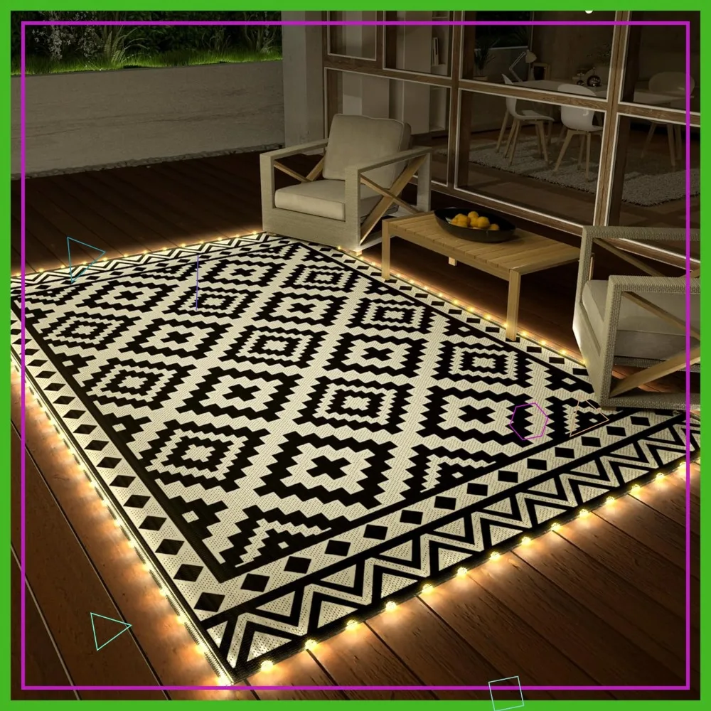 5'x8' Outdoor Rug with LED Strip Lights, Reversible Plastic Straw Mat, Waterproof Patio Carpet for RV Camping Beach, Black&White
5'x8' Outdoor Rug with LED Strip Lights, Reversible Plastic Straw Mat, Waterproof Patio Carpet for RV Camping Beach, Black&White