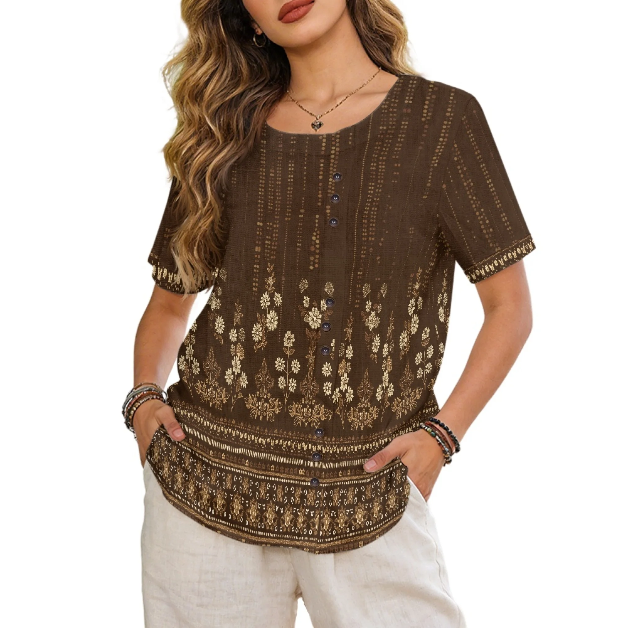 INSTANTARTS Women's Linen Short-Sleeved Shirt Round Neck Linen Blouses for Women Summer Ladies Short Sleeve Tops with Button
INSTANTARTS Women's Linen Short-Sleeved Shirt Round Neck Linen Blouses for Women Summer Ladies Short Sleeve Tops with Button