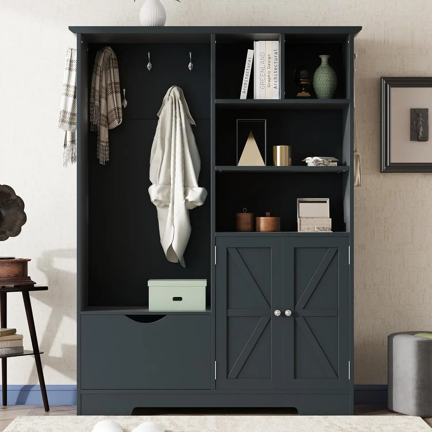 5-In-1 Entryway Bench with Coat Rack, 4 Open Shelves, 3 Built-In Shelves, 7 Hooks and 1 Drawer, Mud Room Bench
5-In-1 Entryway Bench with Coat Rack, 4 Open Shelves, 3 Built-In Shelves, 7 Hooks and 1 Drawer, Mud Room Bench