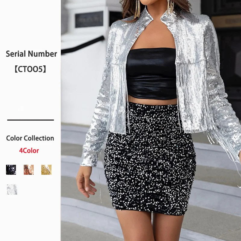 Модная уличная куртка с пайетками и бахромой, укороченное пальто с длинными рукавами, женская верхняя одежда с воротником-стойкой, яркая блестящая верхняя одежда
Модная уличная куртка с пайетками и бахромой, укороченное пальто с длинными рукавами, женская верхняя одежда с воротником-стойкой, яркая блестящая верхняя одежда
