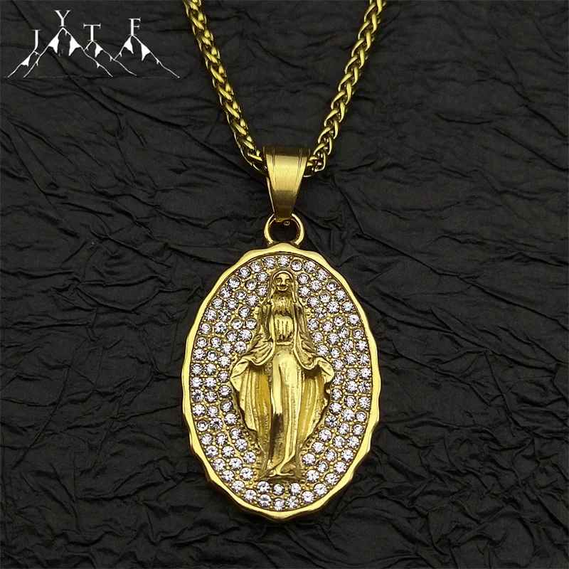 Virgin Mary Rhinestones Shiny Oval Pendant Necklace Women Men Stainless Steel Gold Color Catholic Religious Necklaces Jewelry
Virgin Mary Rhinestones Shiny Oval Pendant Necklace Women Men Stainless Steel Gold Color Catholic Religious Necklaces Jewelry