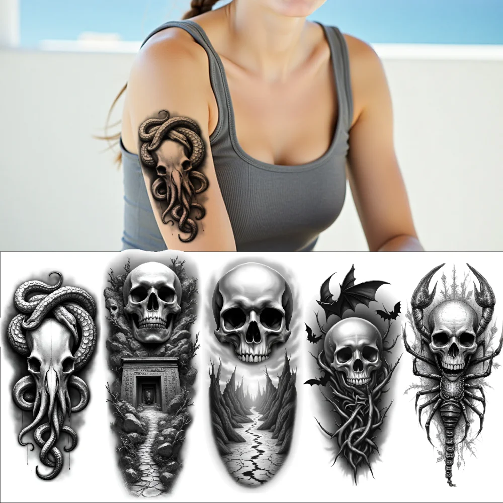 3pcs Temporary Tattoo 3D Skull Waterproof Long-lasting Body Stickers Skull With Scorpion Skull With Doorway For Adults Men
3pcs Temporary Tattoo 3D Skull Waterproof Long-lasting Body Stickers Skull With Scorpion Skull With Doorway For Adults Men