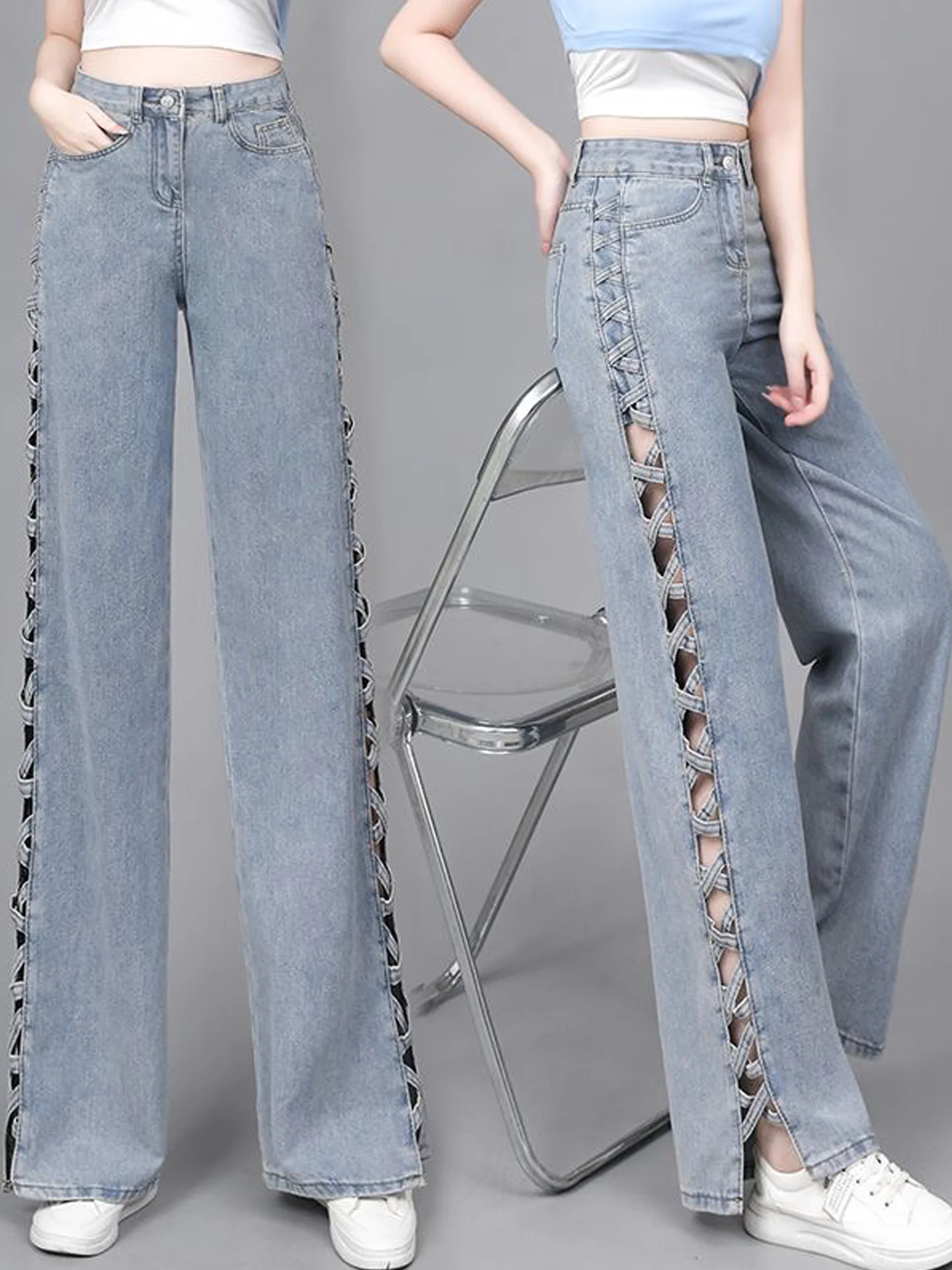 American Style High Waist Light Blue Denim Pants Women's Summer New Design Hollow out Wide Leg Unique Long Trousers
American Style High Waist Light Blue Denim Pants Women's Summer New Design Hollow out Wide Leg Unique Long Trousers