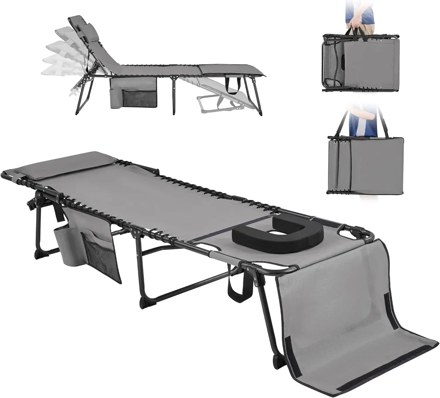 Adjustable 5-Position Folding Chaise Lounge Chair with Face Hole for Lawn, Beach, Sunbathing, Gray
Adjustable 5-Position Folding Chaise Lounge Chair with Face Hole for Lawn, Beach, Sunbathing, Gray