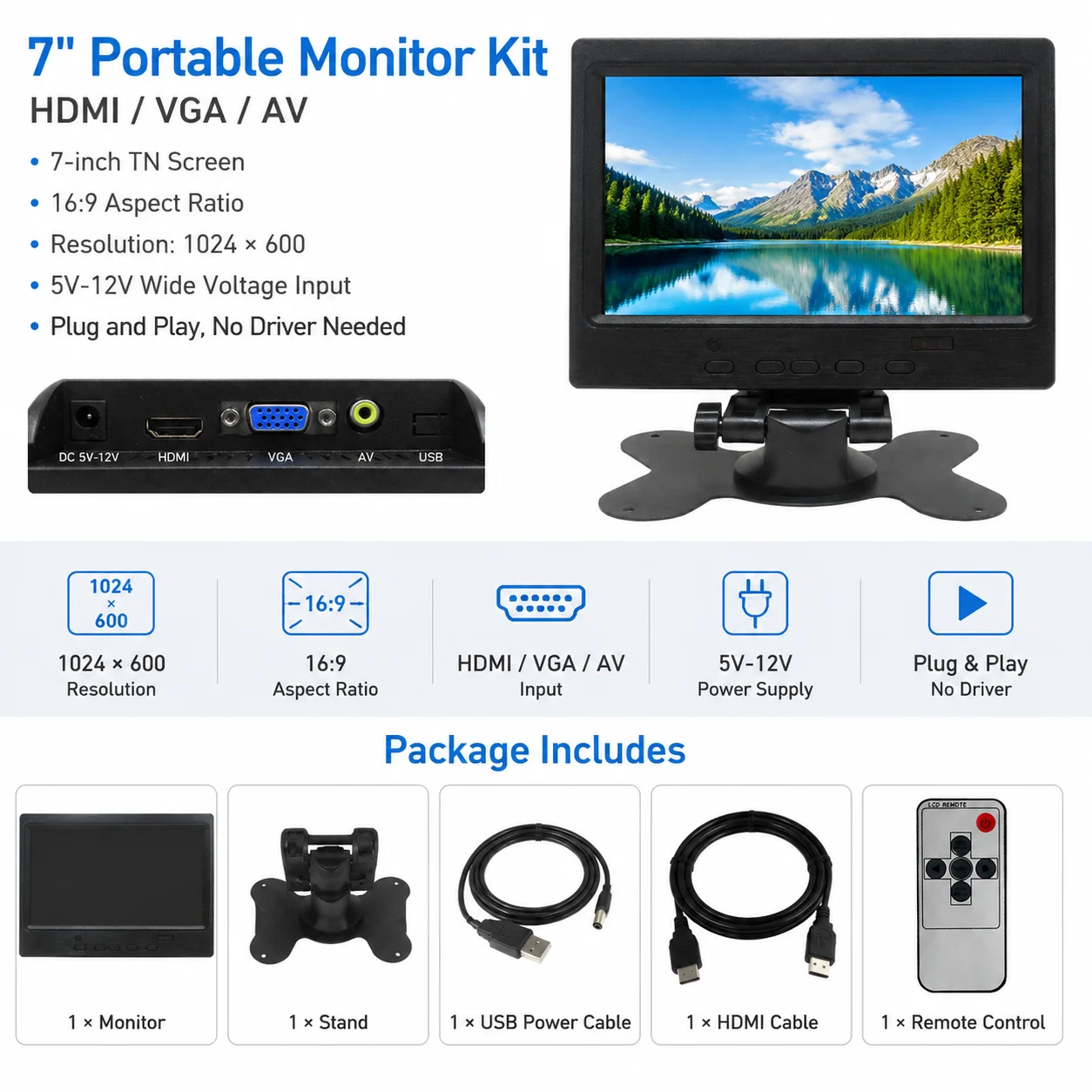 7-Inch 1024*600 Fully Compatible Small Portable Display Kit HDMI/VGA/AV For Computer/Development Board/Raspberry Pi PC Monitor
7-Inch 1024*600 Fully Compatible Small Portable Display Kit HDMI/VGA/AV For Computer/Development Board/Raspberry Pi PC Monitor
