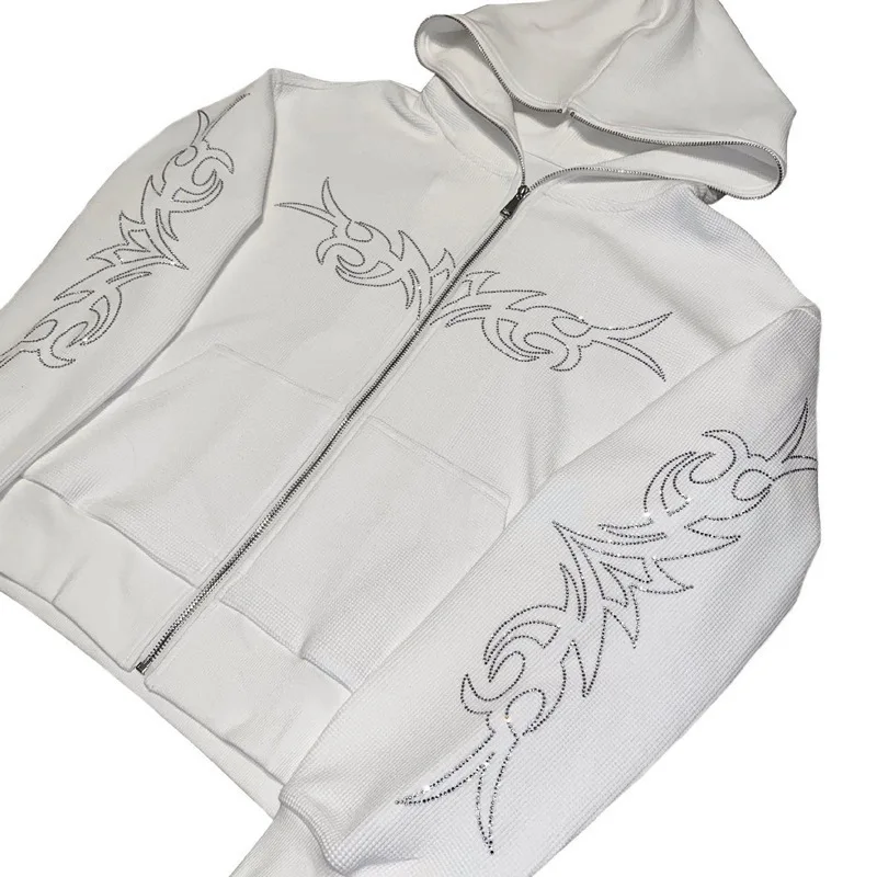 2026 new hot stamping diamond printed front and back hooded zipper hoodie punk street trend fashionable casual versatile niche
2026 new hot stamping diamond printed front and back hooded zipper hoodie punk street trend fashionable casual versatile niche