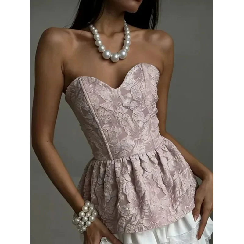Elegant Strapless Y2k Jacquard Tank Tops Women Sexy Bandage Ruffle Hem Slim Sleeveless Backless Tube Vest 2026 Summer Lady Sweet
Elegant Strapless Y2k Jacquard Tank Tops Women Sexy Bandage Ruffle Hem Slim Sleeveless Backless Tube Vest 2026 Summer Lady Sweet