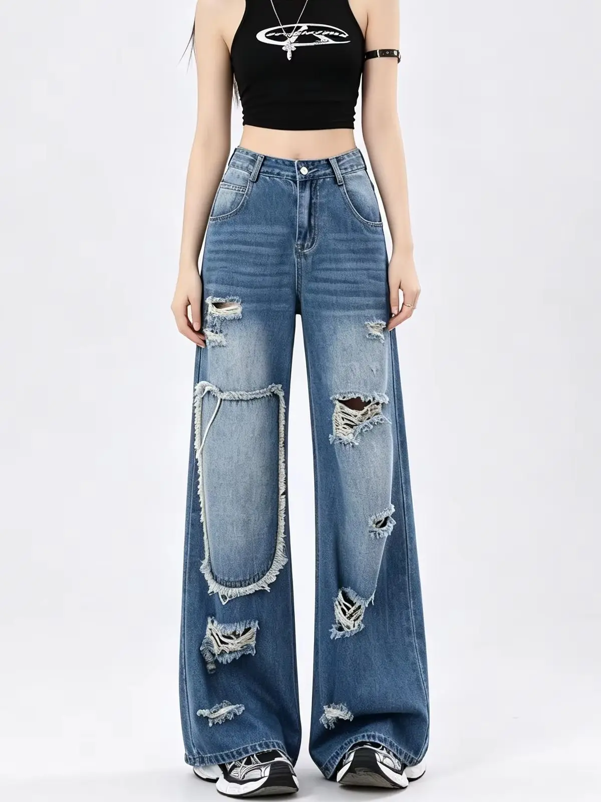 Women's Blue Distressed Denim Jeans Y2K Harajuku High Street Fashion 2000S Casual Retro Denim Long Pants Streetwear Clothing New
Women's Blue Distressed Denim Jeans Y2K Harajuku High Street Fashion 2000S Casual Retro Denim Long Pants Streetwear Clothing New