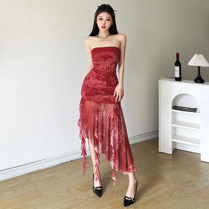 Chinese Style Printed Chest Wrap Strapless Irregular Dress Women Retro Sheath Spicy Mesh Ribbon Design Sleeveless Charming Dress
Chinese Style Printed Chest Wrap Strapless Irregular Dress Women Retro Sheath Spicy Mesh Ribbon Design Sleeveless Charming Dress