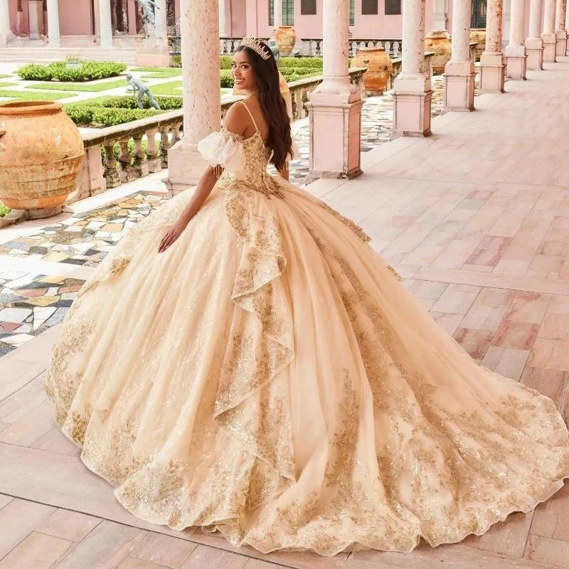Платье Шампань для Quinceanera на тонких бретельках с золотыми кружевами аппликацией кристаллами бисером милое бальное платье 16 лет YQD687
Платье Шампань для Quinceanera на тонких бретельках с золотыми кружевами аппликацией кристаллами бисером милое бальное платье 16 лет YQD687