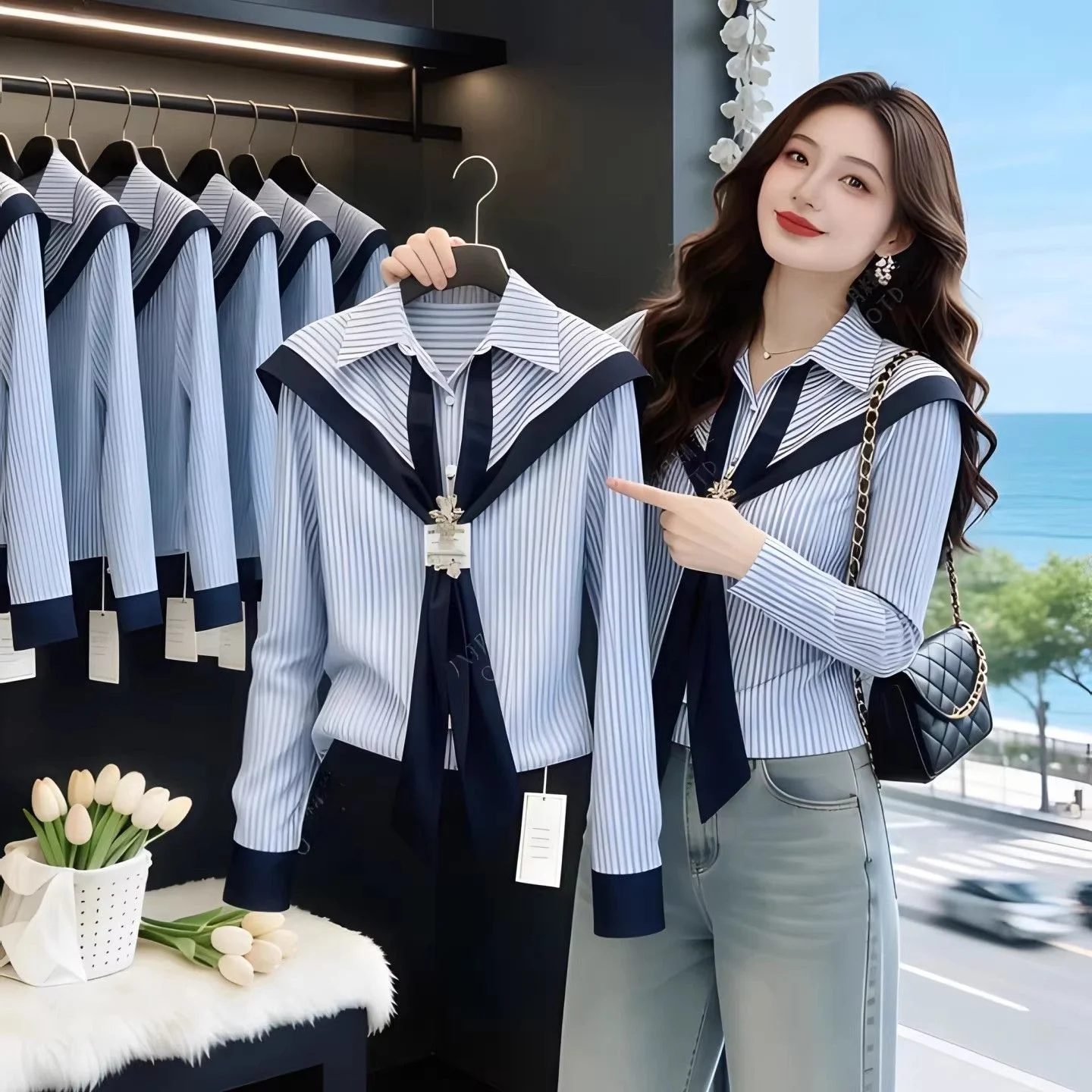Design Stripe Collar Shirt Women Spring Autumn White Enhancing Blue Large Size Stand Collar Slimming Top Polyester Long ...
Design Stripe Collar Shirt Women Spring Autumn White Enhancing Blue Large Size Stand Collar Slimming Top Polyester Long ...