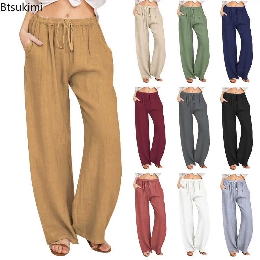Новые весенне-летние хлопковые льняные брюки с широкими штанинами для женщин, больших размеров, с эластичным поясом, повседневные, однотонные, свободные, прямые брюки
Новые весенне-летние хлопковые льняные брюки с широкими штанинами для женщин, больших размеров, с эластичным поясом, повседневные, однотонные, свободные, прямые брюки