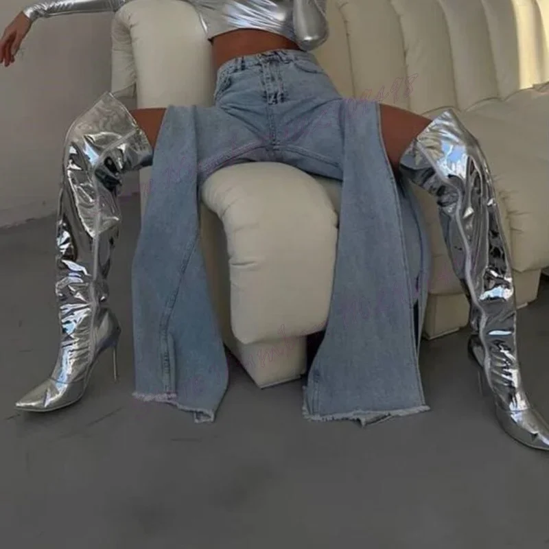 Silver Patent Leather Over The Knee Boots Pointed Toe Shoes for Women Thin High Heels Sexy Lady Shoes 2025 Zapatos Para Mujere
Silver Patent Leather Over The Knee Boots Pointed Toe Shoes for Women Thin High Heels Sexy Lady Shoes 2025 Zapatos Para Mujere