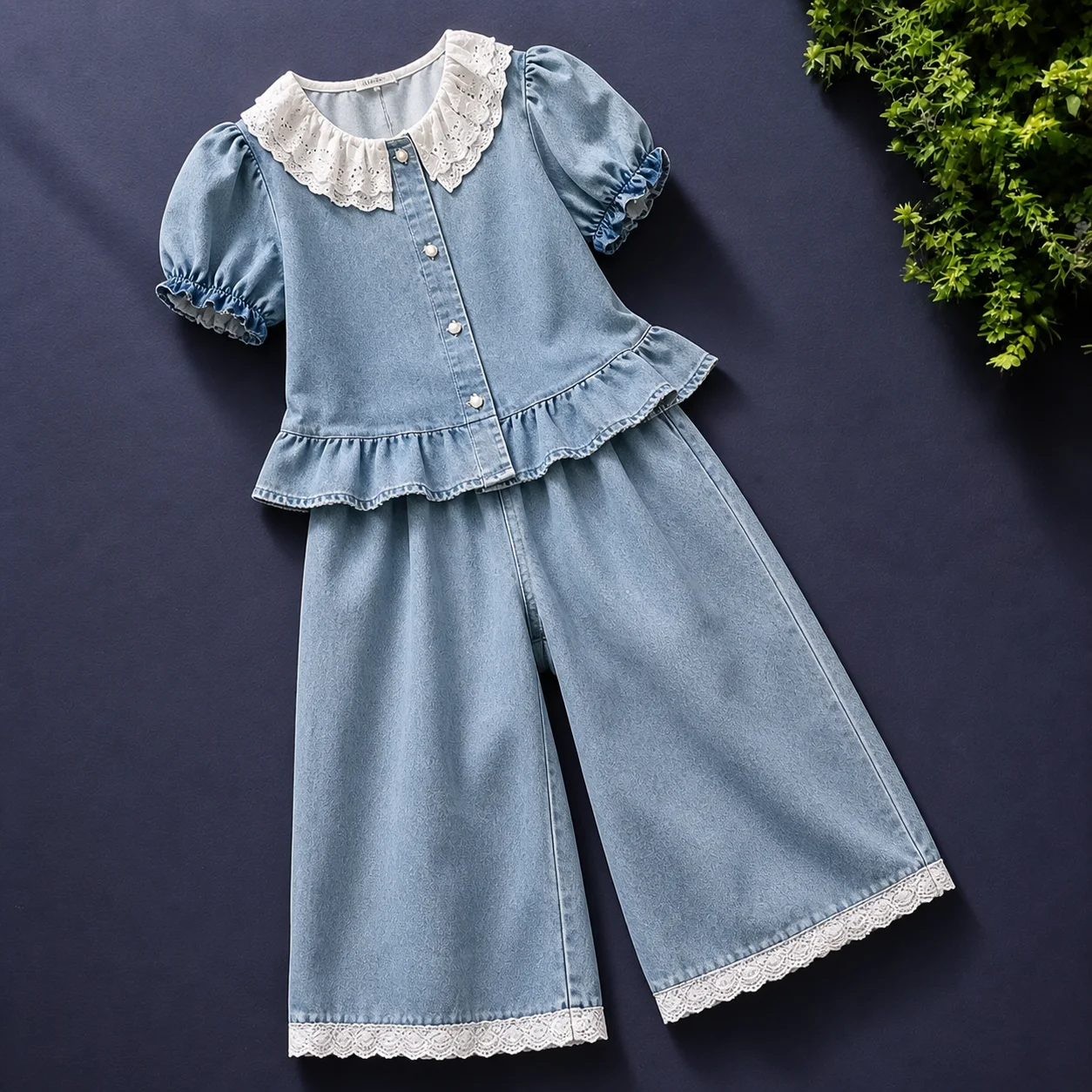 Girls Outfits For Girls Denim 2 Piece Set Lace Ruffle Top Wide Leg Pants Casual Preppy Back To School Girls Clothes 6 -13 Years
Girls Outfits For Girls Denim 2 Piece Set Lace Ruffle Top Wide Leg Pants Casual Preppy Back To School Girls Clothes 6 -13 Years